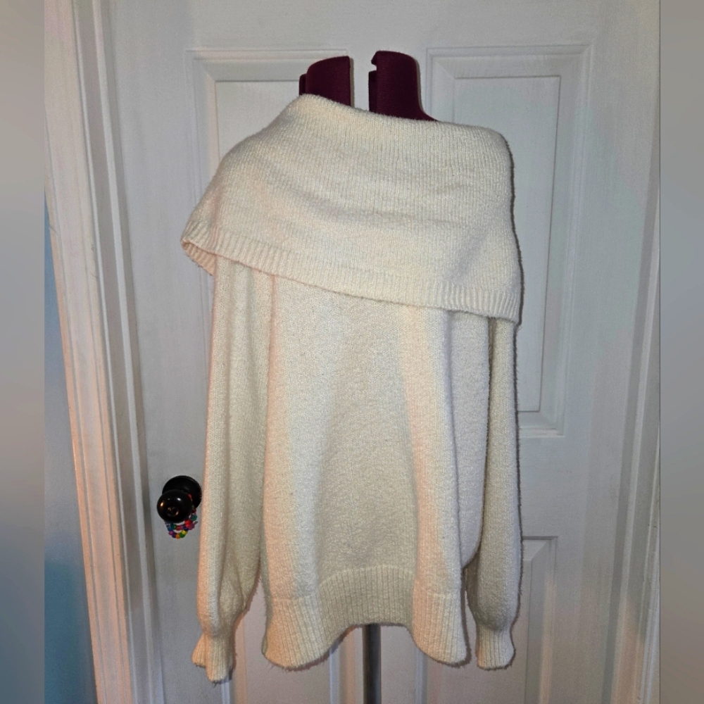 Anthropologie Off Shoulder Cream Knit Oversized Large Sweater
